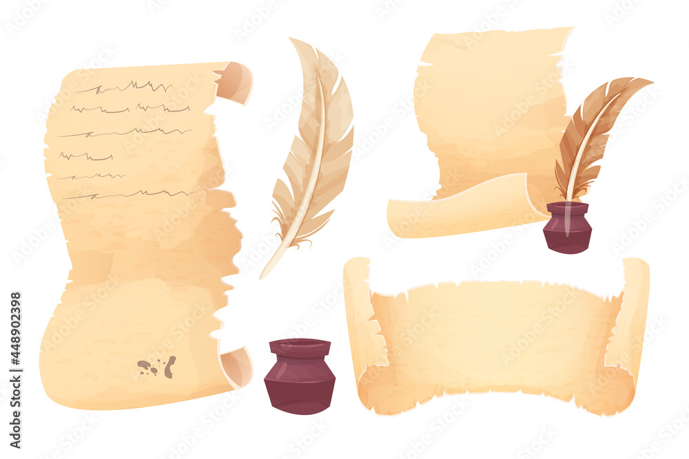Wall mural set old scroll of parchment, papyrus and feather pen in cartoon style isolated on white background. 