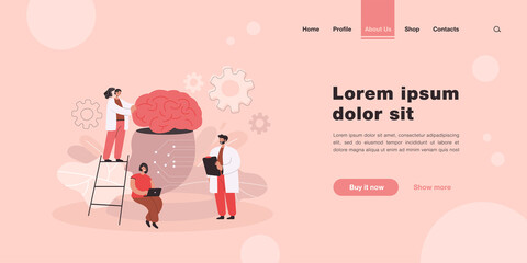Tiny people learning artificial intelligence flat vector illustration. Cartoon scientists standing near giant brain with neural network. Data science, computing and machine technology concept