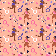 vector seamless pattern on the theme of body positive - funny girls of different races in different poses and the inscription body positive. pattern for printing on fabric, clothing, paper