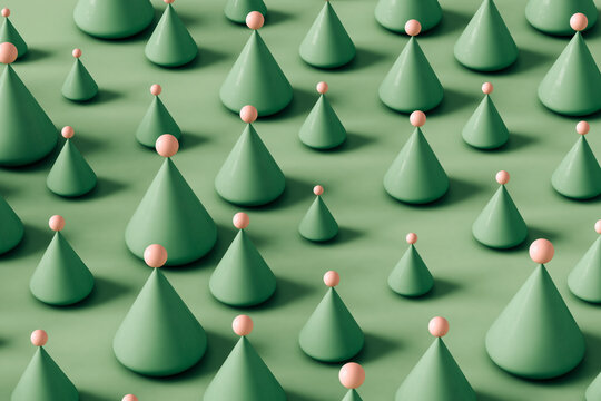 pattern of green cones with a pink spheres