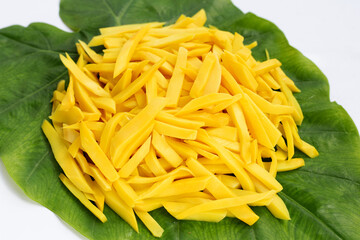 Preserved bamboo shoot on green leaf