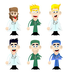 Funny cartoon doctor thinking. Vector illustration. Uncertain health care worker.