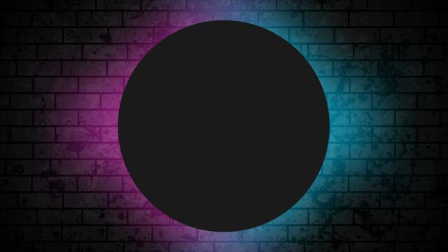 Grunge brick wall with blue purple neon illumination and dark circle abstract motion background. Seamless looping. Video animation Ultra HD 4K 3840x2160