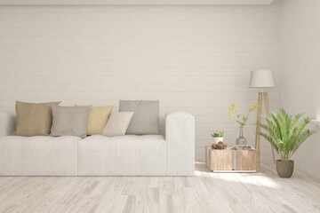 White living room with sofa. Scandinavian interior design. 3D illustration