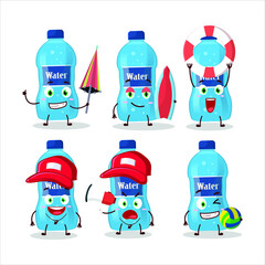 Happy Face water bottle cartoon character playing on a beach. Vector illustration