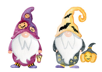 Halloween gnome, pumpkin, candies. Watercolor hand drawn