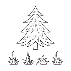 Pine tree and grass vector illustration with simple hand drawn sketching style 