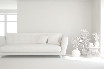 White minimalist living room with sofa. Scandinavian interior design. 3D illustration