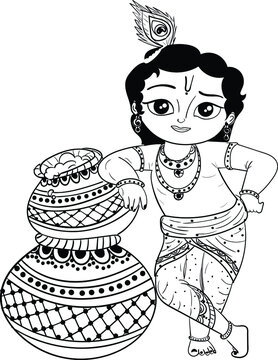 Indian God Lord Krishna Janmasthmi Clip Art Line Drawing Of Little Kid Of God Krishna Vector Black And White Line Drawing Illustration, Indian Wedding Clip Art.