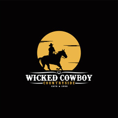 Cowboy Riding Horse Silhouette at Sunset Sun-Moon logo design illustration, for your business or company
