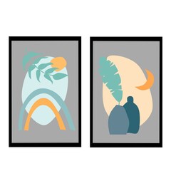 collection of contemporary art posters in pastel colors. Abstract geometric elements and strokes, decorative trees, Great design for social media, postcards, prints.