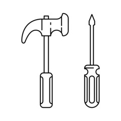 Screwdriver and hammer vector illustration with simple hand drawn sketching style