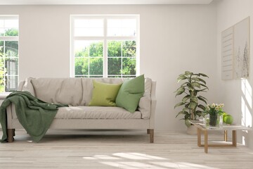 Fototapeta premium White living room with sofa and summer landscape in window. Scandinavian interior design. 3D illustration