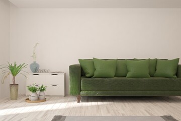 White living room with sofa. Scandinavian interior design. 3D illustration