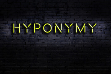 Neon sign. Word hyponymy against brick wall. Night view - obrazy, fototapety, plakaty