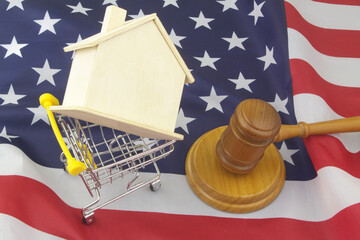 Judge gavel with house in shopping cart on USA flag.	