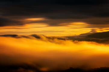 Fototapeta na wymiar Beautiful golden mist in the morning. Sea of fog.