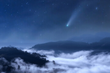 The sea of fog at night in the forest in the sky with meteors.