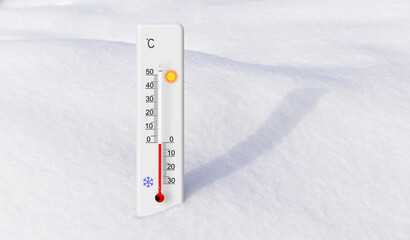 White celsius scale thermometer in the snow. Ambient temperature minus 1 degrees