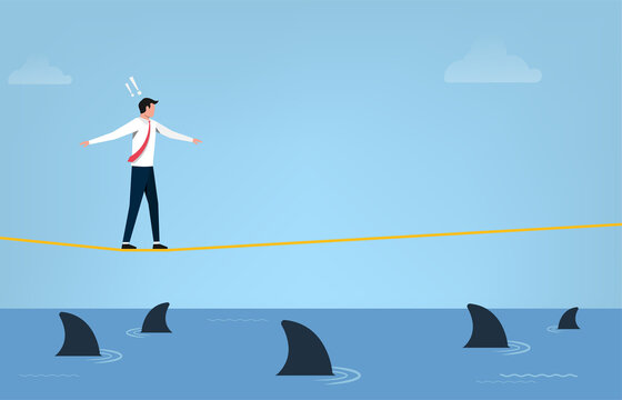 Business risk concept. Businessman walking on tightrope with fear of sharks symbol vector illustration