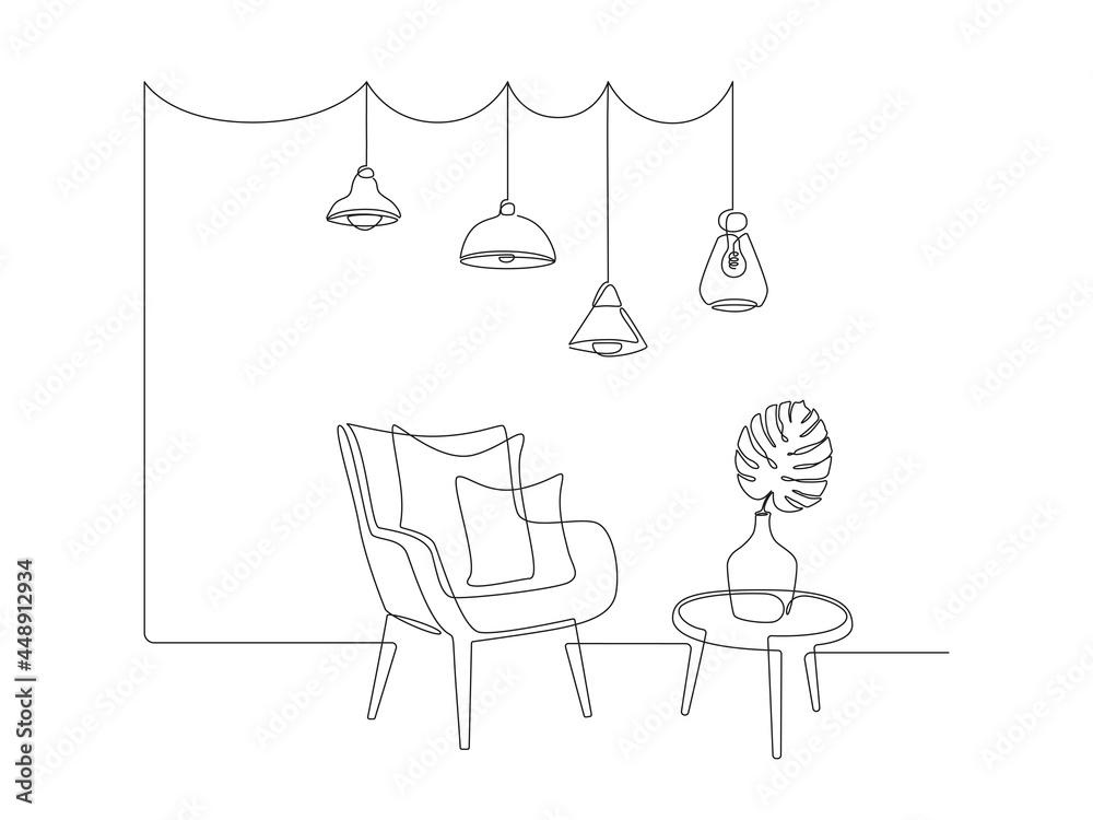 Poster Continuous one line drawing of armchair and table with vase with monstera leaf and Hanging pendant Loft lamps. Scandinavian stylish furniture in simple Linear style. Doodle vector illustration