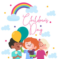 celebration of children day with colorful rainbow with the blue clouds and three kids with green and yellow balloon