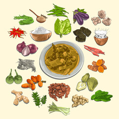 Kuah Pliek U And Ingredients Illustration, Sketch And Vector Style, Traditional Food From Aceh, Good to use for restaurant menu. Indonesian cuisine, recipe book, and food element concept.