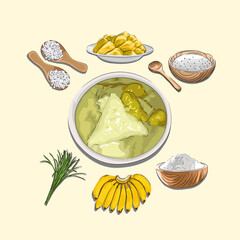 Kuah Tuhe Khas Aceh And Ingredients, Sketch And Vector Style, Traditional Food From Aceh, Good to use for restaurant menu. Indonesian cuisine, recipe book, and food element concept.