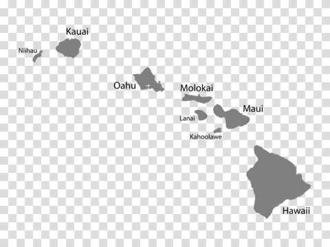 Blank map Hawaii in gray. Every Island map is with titles. High quality map of  Hawaii Islands on transparent background for your  design.  United States of America. EPS10.