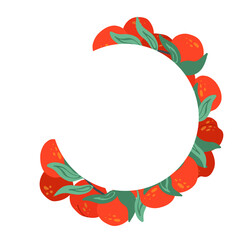 Fototapeta na wymiar Semicircular frame with nectarine, foliage and place for text. Circle border with summer cartoon sweet berries for menu. Vector flat template with fruits, leaves and copy space for card and banner