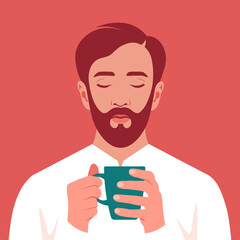 A sleepy and tired man is holding a cup of coffee in his hands. Breakfast at home. An overworked freelancer. Vector flat illustration