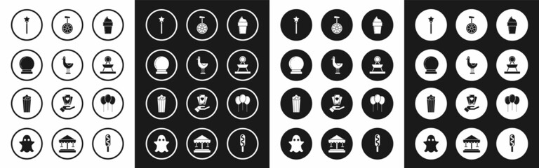 Set Ice cream in waffle cone, Riding kid duck, Magic ball, wand, Attraction carousel, Unicycle or wheel bicycle, Balloons with ribbon and Popcorn cardboard box icon. Vector © Oksana
