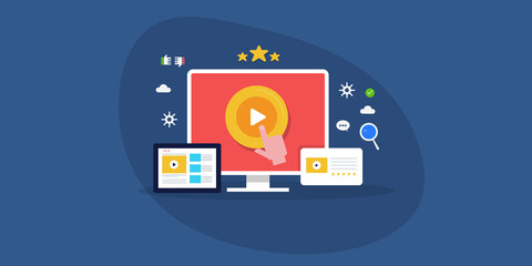 Video content review, user generated content, content curation, high quality video content review and collection, online video content feedback testimonial concept. Flat design web banner template.