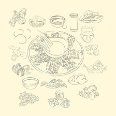 Roti Jala And Ingredients Illustration Sketch Style, Traditional Food From Aceh. Indonesian cuisine, recipe book, and food element concept.