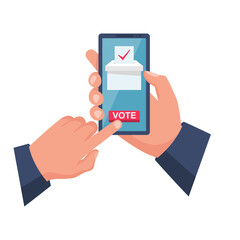 Online voting concept. Vector illustration flat design style. A man holds a smartphone in his hand. Make your choice. Bulletin, puts in ballot box. Election vote. Politics poll.