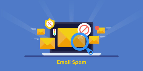 Incoming spam email inbox. Lots of spam email on laptop screen, spam email notification, warning, digital hacking phishing attack concept. Flat design modern illustration.