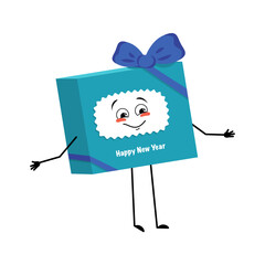 Cute character gift box for new year with bow and with joyful emotions, smile face, happy eyes, hands and feet. Festive packaging for Christmas