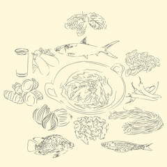 Depik Pengat And Ingredients Illustration Sketch Style, Traditional Food From Aceh, Good to use for restaurant menu, Indonesian food recipe book, and food content.