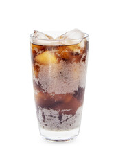 Fresh soft drink brown or black with ice in glass tall. Isolated on white background. Drink and quench your thirst cool down off popular all over the world. 