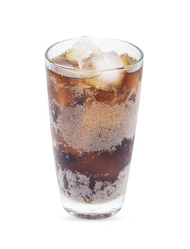 Fresh soft drink brown or black with ice in glass tall. Drink and quench your thirst cool down off popular all over the world. Isolated on white background