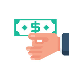 Dollar in hand. Busines card. Cash in human. Showing, pay, giving banknote. Money hold isolated on white background. Vector illustration flat design. Template for financial projects.
