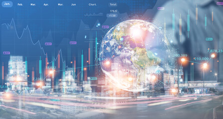 concept of the world of business finance business man with overlapping picture of world and...
