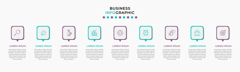 Vector Infographic design business template with icons and 9 options or steps. Can be used for process diagram, presentations, workflow layout, banner, flow chart, info graph