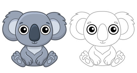 Zoo animal for children coloring book. Funny koala in a cartoon style. Trace the dots and color the picture