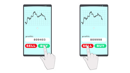 Chart on a mobile device. Hand touch buy and sell buttons. White background. Concept of trading on phone, buying and selling financial assets, cryptocurrency, stocks, currency.