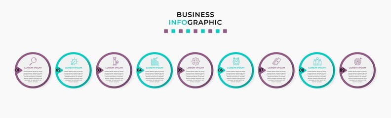 Vector Infographic design business template with icons and 9 options or steps. Can be used for process diagram, presentations, workflow layout, banner, flow chart, info graph