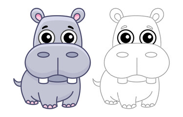 Obraz na płótnie Canvas Zoo animal for children coloring book. Funny hippo in a cartoon style. Trace the dots and color the picture