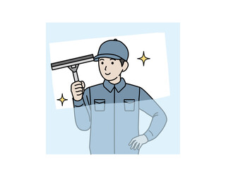 清掃業者　クリーニングスタッフ　ビルメン　スクイージーで磨く男性　ワイパー　イラスト素材