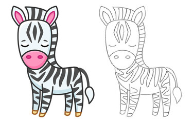 Naklejka na ściany i meble Zoo animal for children coloring book. Funny zebra in a cartoon style. Trace the dots and color the picture