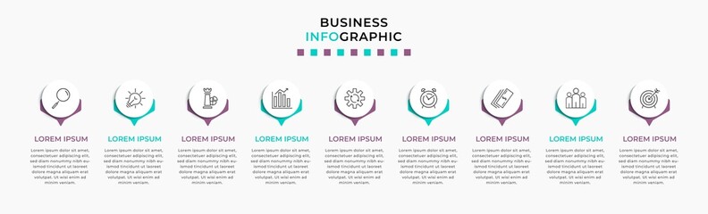 Fototapeta na wymiar Vector Infographic design business template with icons and 9 options or steps. Can be used for process diagram, presentations, workflow layout, banner, flow chart, info graph